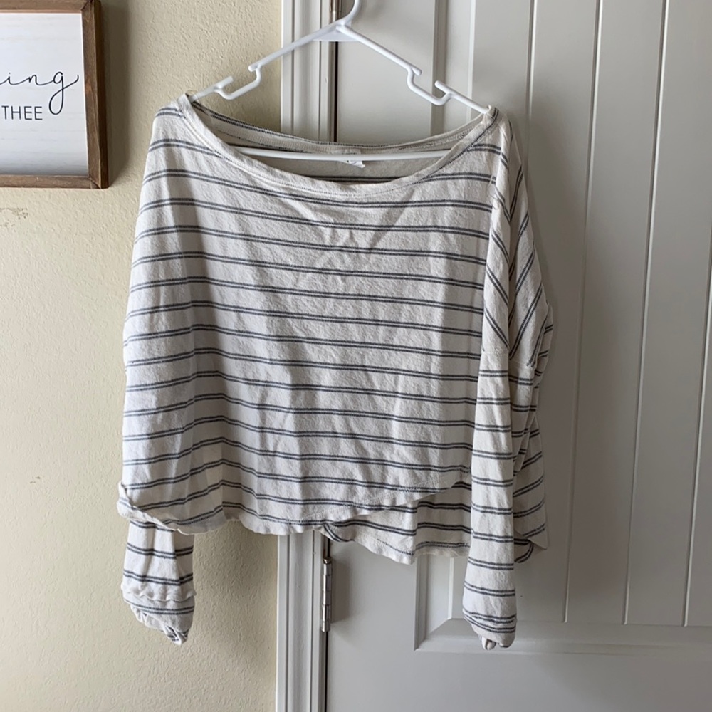 white and grey striped long sleeve sweater